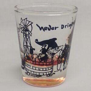 Vintage "Never Drink Water" Shot Glass Western Cowboy Bathing Graphic Drinkware